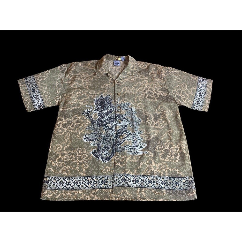 Vintage Authentic Shaolin Men's XL Button-Up Shirt Green Dragon Print